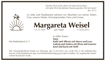 Traueranzeige von Margareta Weisel von Pegnitz-Zeitung